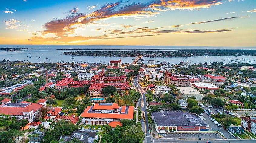 Drone aerial skyline of downtown St. Augustine, Florida, USA.