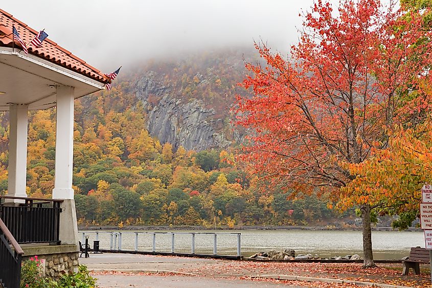 The waterfront with a partial view of the gazebo and the Hudson River in Cold Spring, New York.