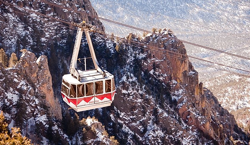 A gondola, on Sandia Peak Aerial Tramway, descends from the top near Albuquerque, New Mexico.