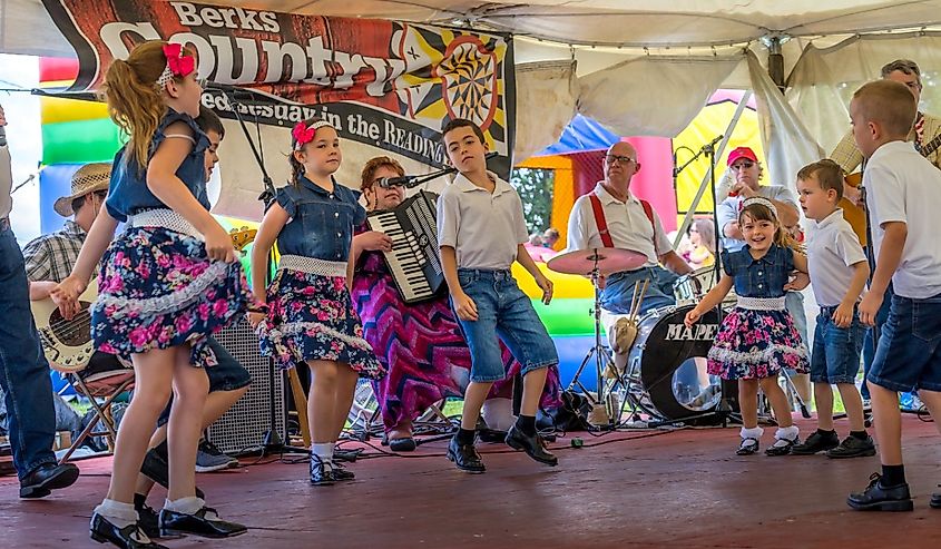 Hoedown folk dancing at the Kutztown Folk Festival by the Miller's great grandchildren