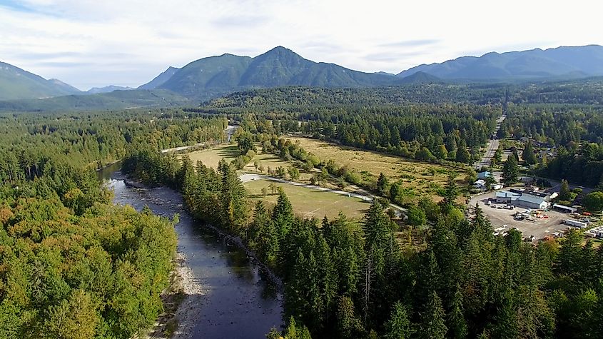 Aerial view of the stunning landscape around North Bend, Washington.