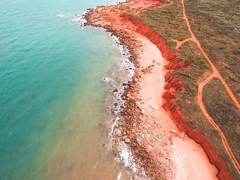 An aerial view of the rugged coastline at Reddell Beach in Broome, Western Australia