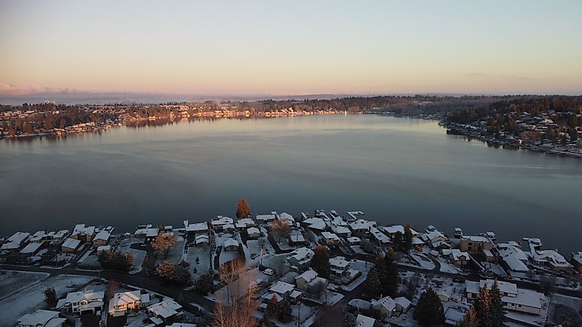 An aerial drone view of the eastside of Lake Stevens