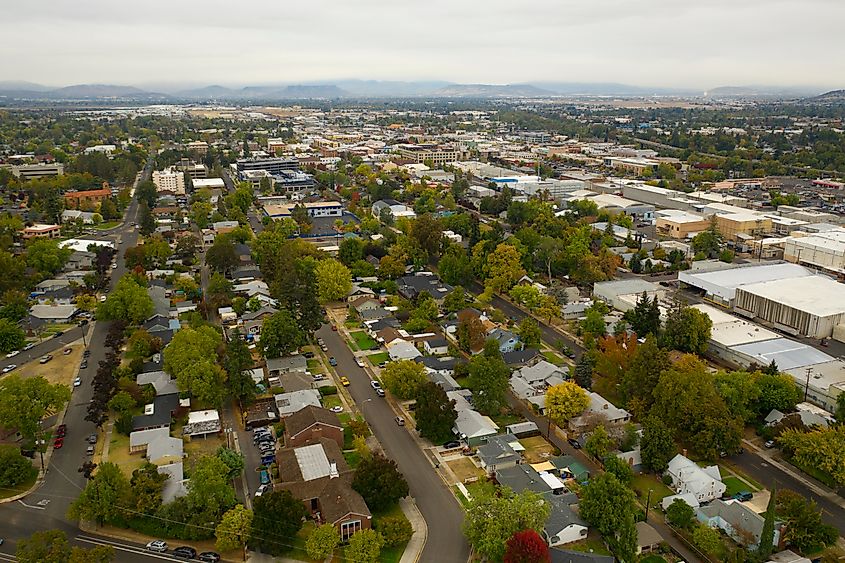 An aerial view of Medford, Oregon, showcasing the city nestled in the Rogue Valley.