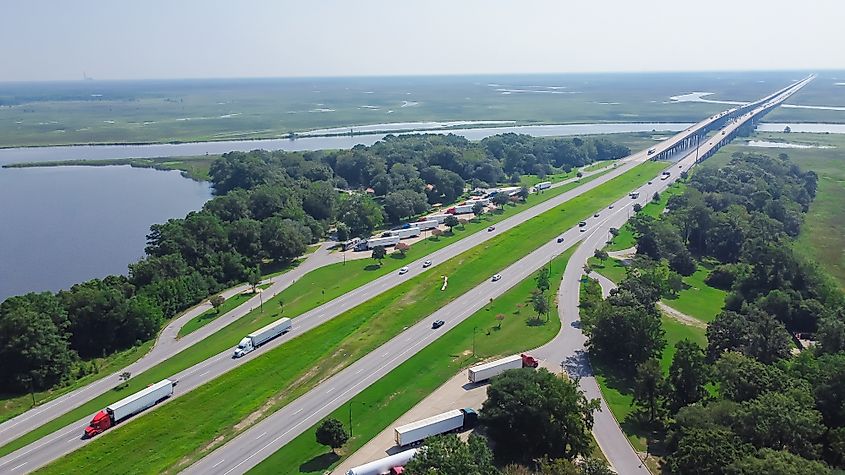 Aerial view of Jackson County Rest Area West in Gautier, Mississippi, featuring the Pascagoula River bridge