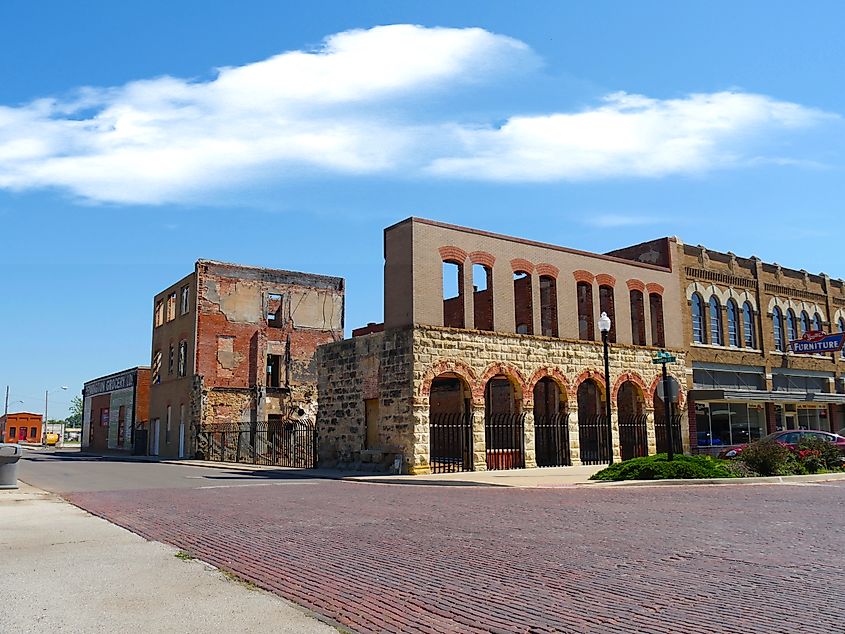 Ruins of a building along the brick-paved streets of Pauls Valley in Oklahoma