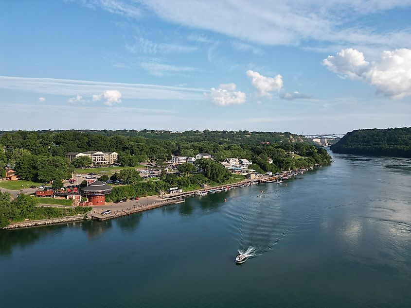 An aerial view of the Niagara River near the village of Lewiston, New York, on a summer afternoon.