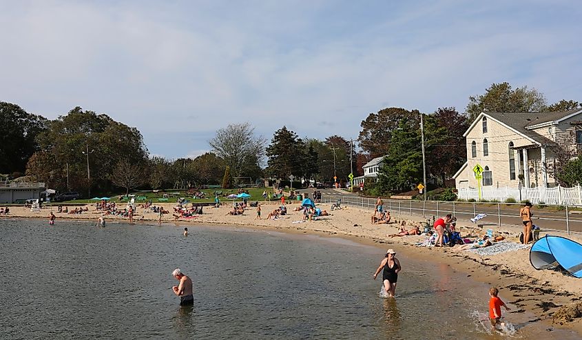 People on the beach in Branford, Connecticut.