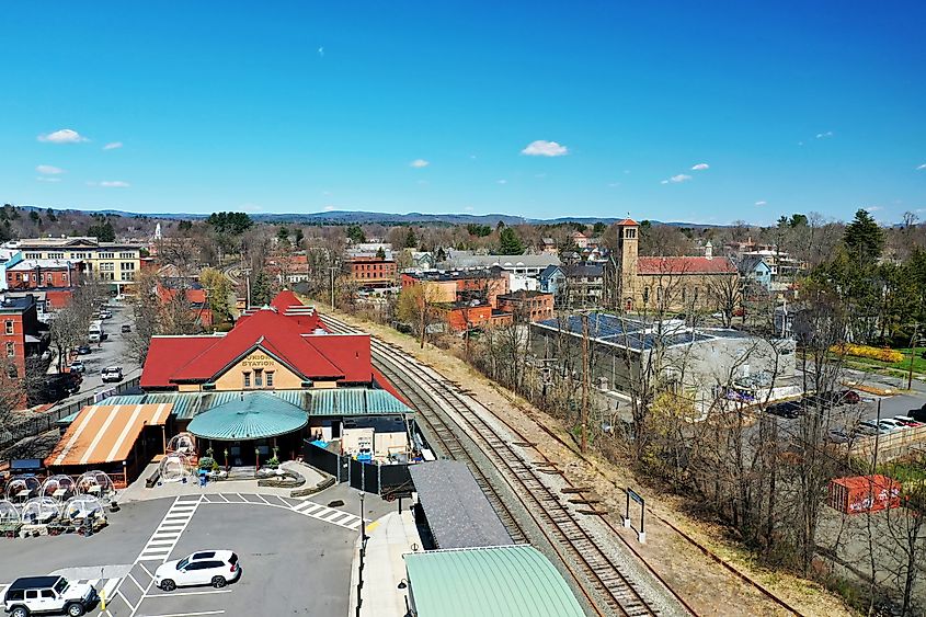 An aerial view of the old Union Station in Northampton, Massachusetts