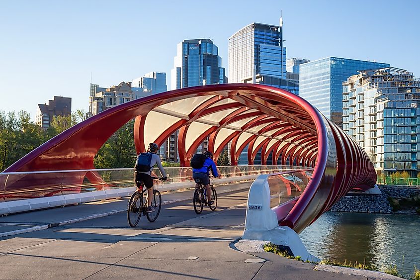 eace Bridge across Bow River in Calgary, Alberta.