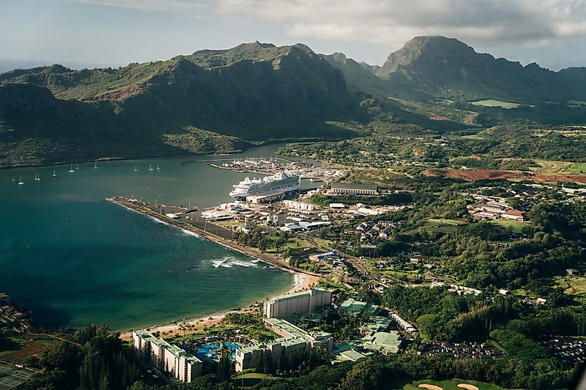 Aerial view of Nawiliwili Bay and Kalapaki Beach in Lihue, Kauai, Hawaii.