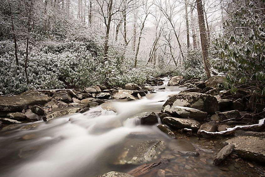 Small waterfall along with Chimney top trail at Smoky mountain, Tennessee, USA, in winter time.