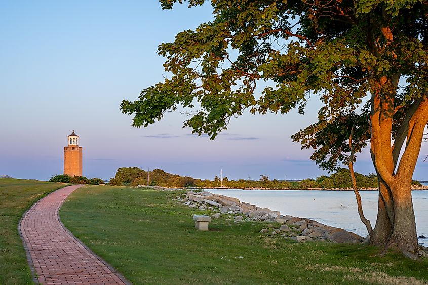 Avery Point Lighthouse in Groton, Connecticut, at sunset