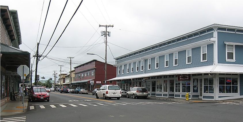 View of the main street in Honoka, Hawaii.