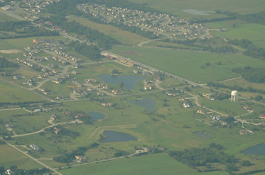 Aerial view of Baldwin City, Kansas.