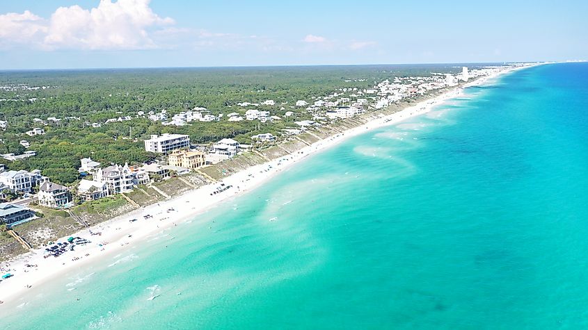 Aerial view of the coast of Seagrove Beach.