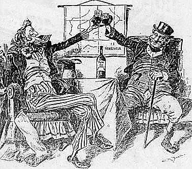 An 1896 American political cartoon shows Uncle Sam and Britain's John Bull toasting in front of a map of Venezuela, after Britain agreed to arbitrate the boundary dispute between Venezuela and British Guiana.