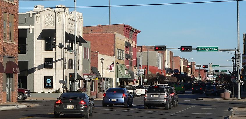 North side of 2nd Street in downtown Hastings, Nebraska, facing east-northeast from around Lexington Avenue.
