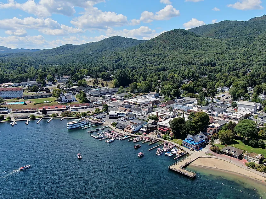 Aerial view of downtown Lake George, New York.