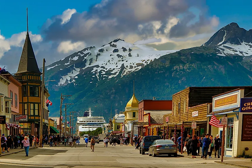 During the summer, cruise ships bring in many visitors to Skagway, Alaska