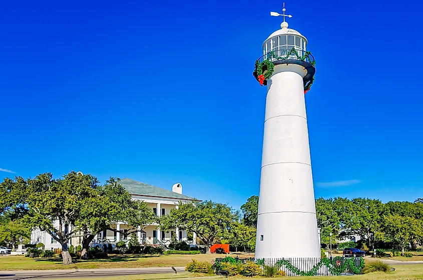 The Biloxi Lighthouse is decorated for Christmas in front of the Biloxi Visitors Center in Biloxi, Mississippi.