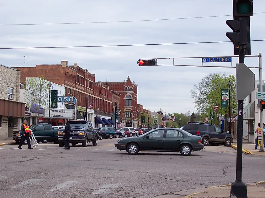 Looking north at downtown Waupaca, Wisconsin