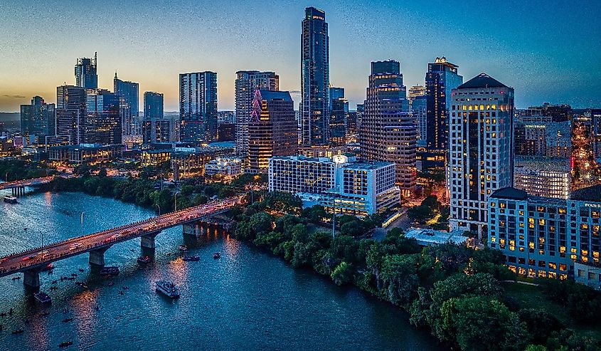 Aerial view of Austin, Texas skyline at dusk.