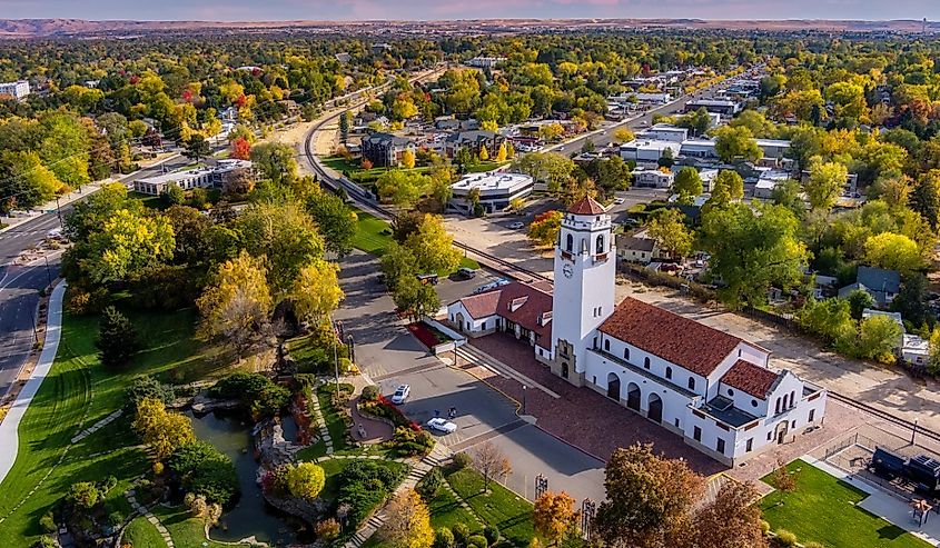 Autumn trees and train depot in Boise, Idaho.