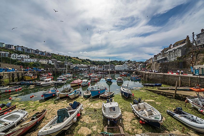 Mevagissey harbor at low tide.