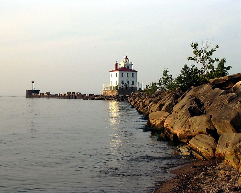 Fairport Harbor West Breakwater Light viewed from the Headlands Dunes State Nature Preserve.