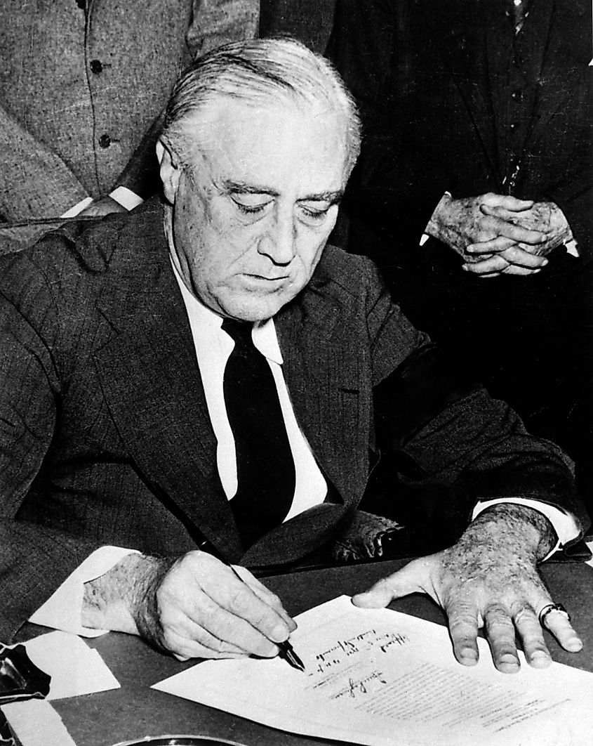 Roosevelt signing the declaration of war against Japan on December 8, 1941