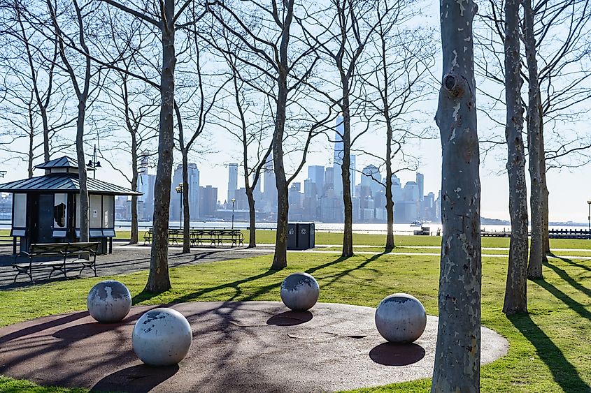 View of the Liberty State Park in New Jersey with New York City in the background.