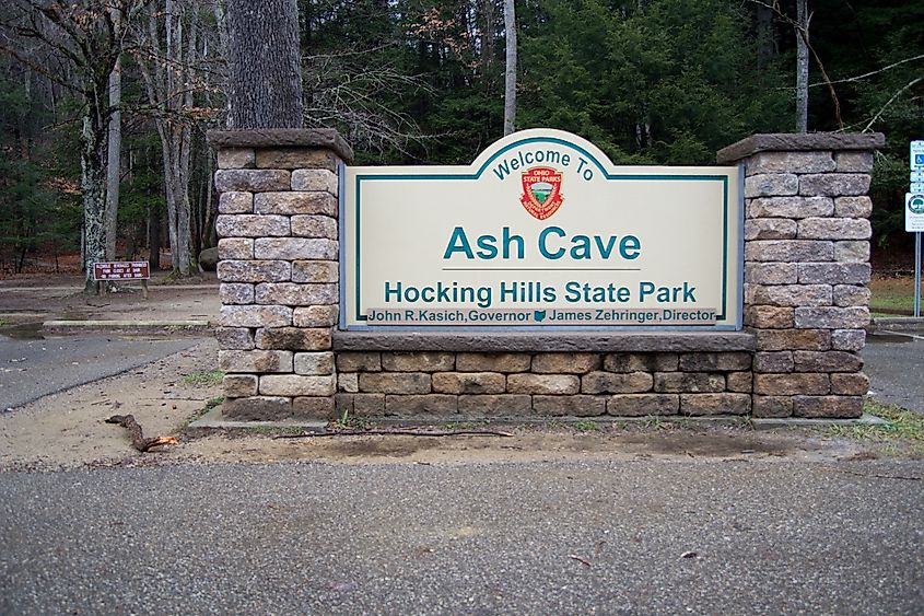 Entrance to the popular Ash Cave Scenic Area of Hocking Hills State Park in southeastern Ohio.