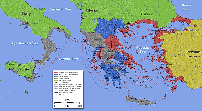 Map of the Greek world during the Peloponnesian War, showing the rival alliance systems and the wider maritime setting of the conflict.
