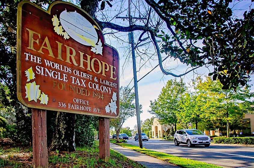 A sign welcomes visitors to Fairhope, Alabama, the worlds oldest and largest single tax colony.