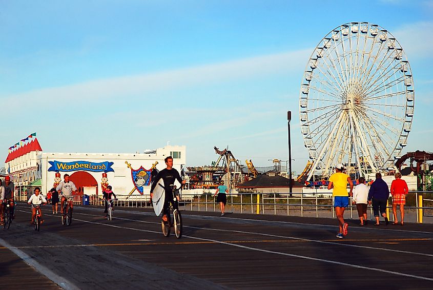 People along the boardwalk in Ocean City, New Jersey.