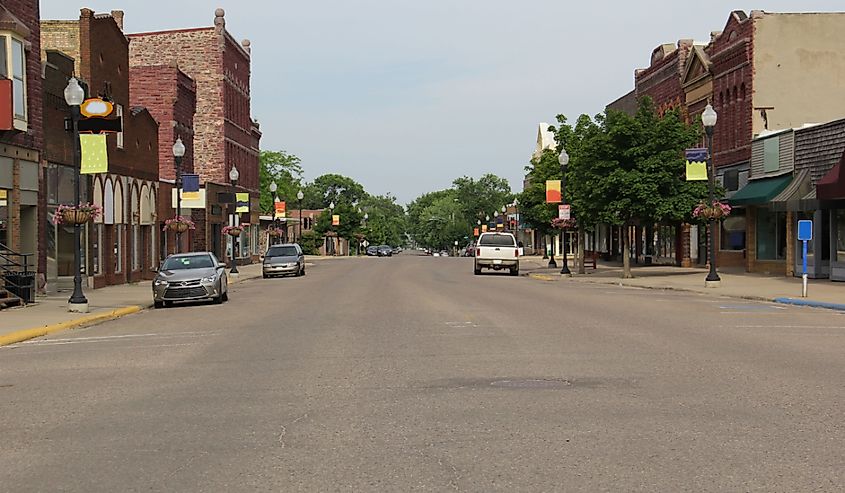 Main street in Pipestone, Minnesota on a summer afternoon.