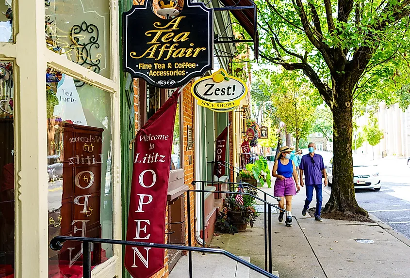 Downtown street in Lititz, Pennsylvania.