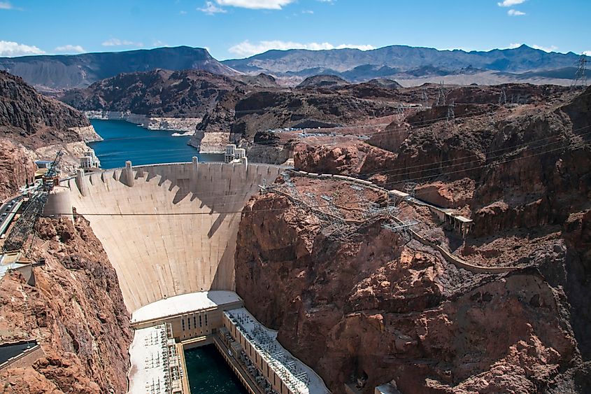 View of the Hoover Dam along the Colorado River near Boulder City, Nevada.