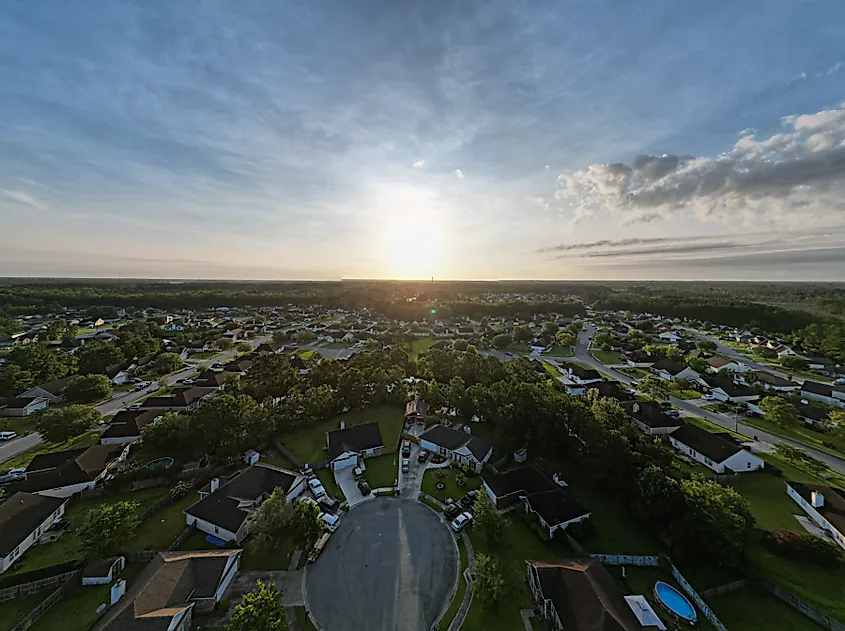 An aerial view of a sunrise over Pooler, Georgia, USA.