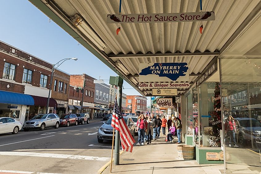 Tourists strolling down Main Street in Mount Airy, NC, the town modeled after Mayberry from the Andy Griffith Show.
