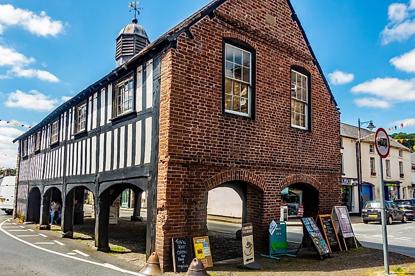 The Tudor style town hall in the high street of Llanidloes, Wales.