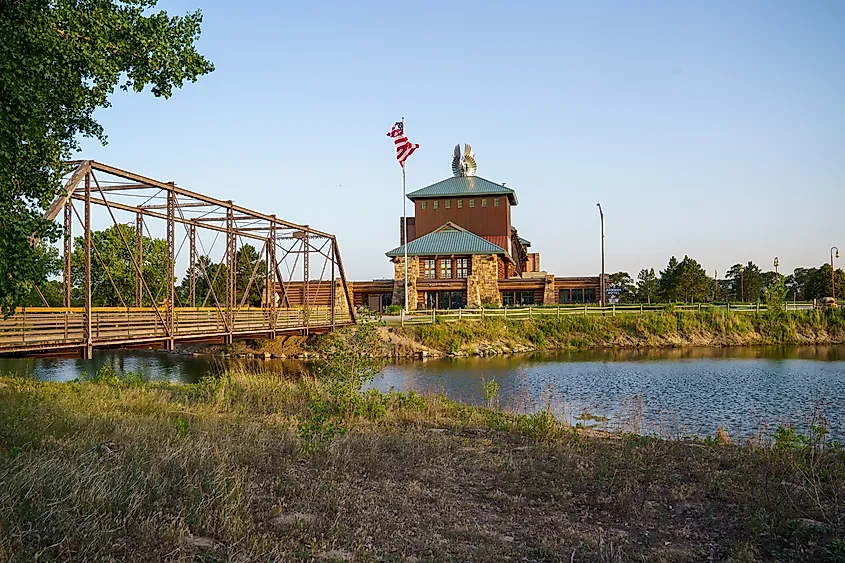 Beautiful pedestrian bridge and walking or bike path in the park next to the famous Archway in Kearney, Nebraska.