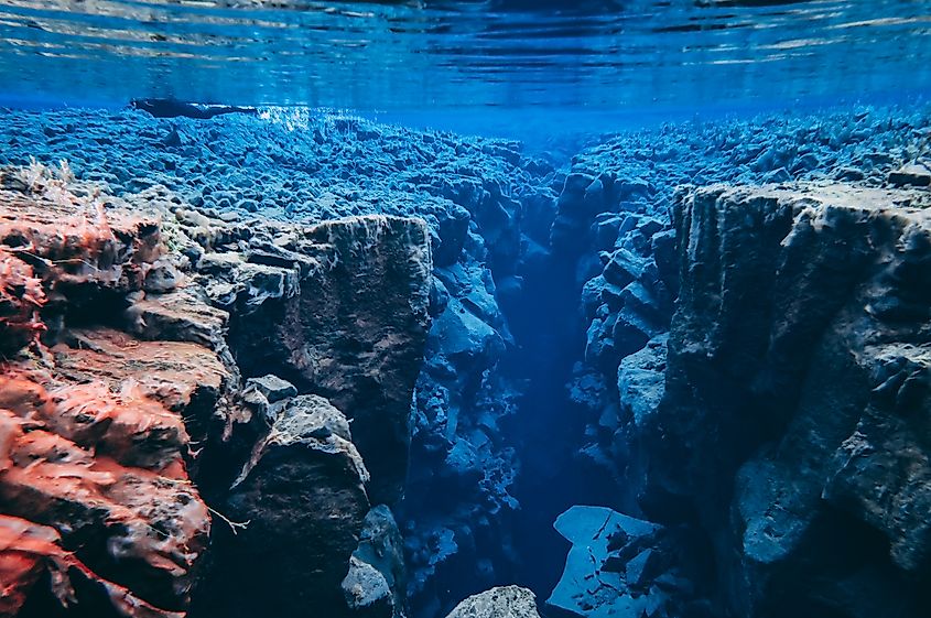 Water between two tectonic plates in Iceland.