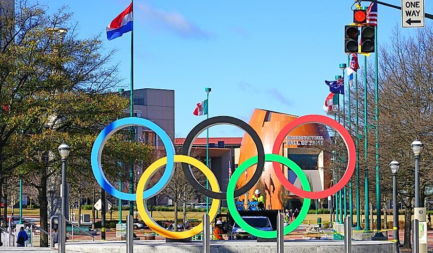 View of the Centennial Olympic Park, built for the 1996 Summer Olympics, located in downtown Atlanta, Georgia.