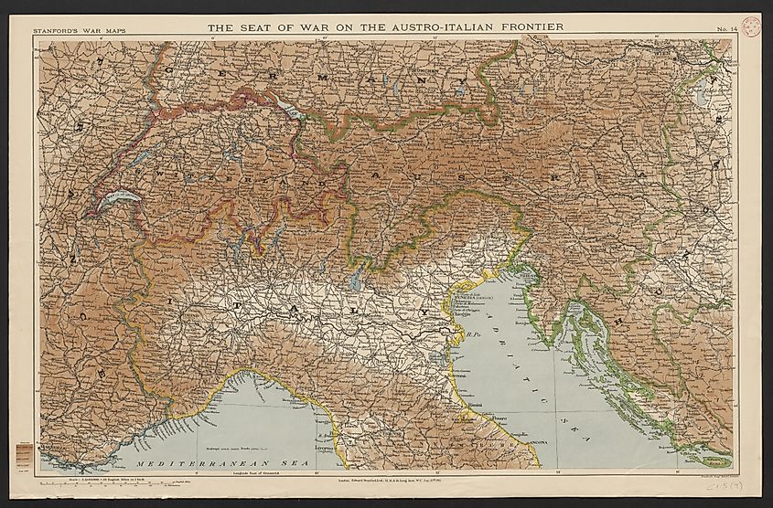 Map depicting the seat of war on the Austro-Italian frontier during WWI, with Switzerland highlighted in red