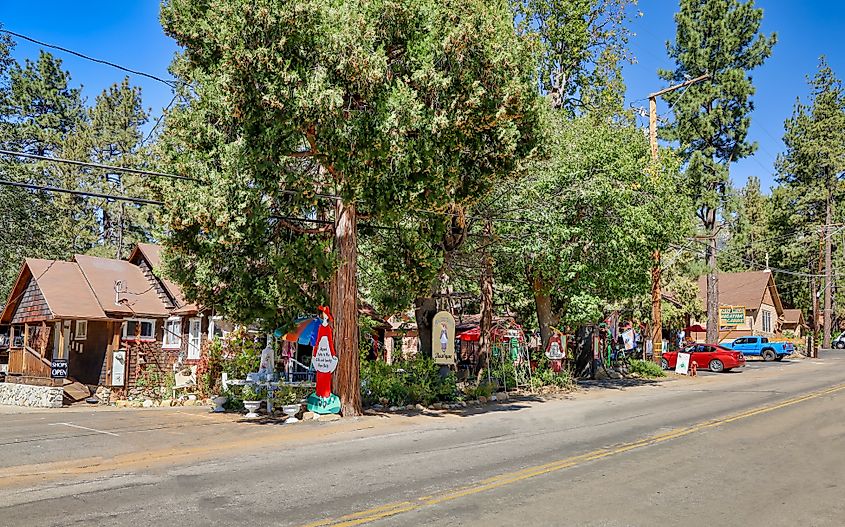 View of some of the shops and businesses in Idyllwild Pine Cove, California.