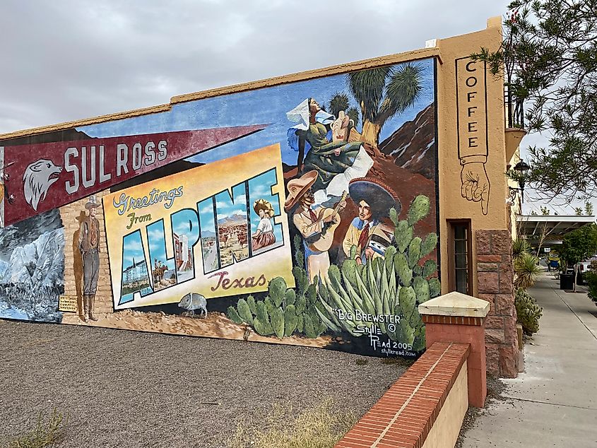 The colorful and cowboy-centric welcome mural for the town of Alpine, Texas. 