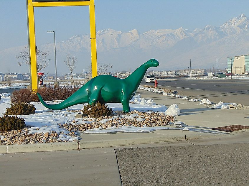 One of Sinclair's trademark dinosaurs, this one at a station along Pleasant Grove Boulevard in Pleasant Grove, Utah