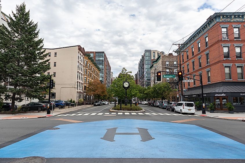 Site of the first organized baseball game at the former Elysian Fields marked by a baseball home plate on the street in Hoboken, New Jersey